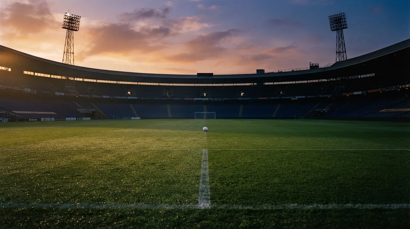 Un estadio de fútbol vacío con torres de iluminación al atardecer