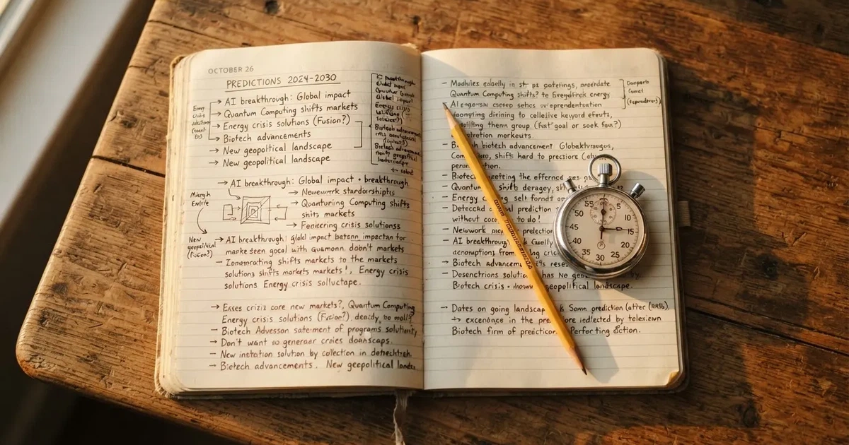 Un cuaderno abierto con un lápiz y un cronómetro sobre una mesa de madera