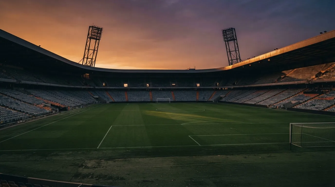Un estadio de fútbol vacío con torres de iluminación al atardecer