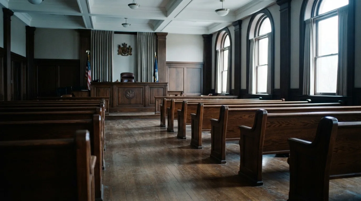 Una sala de tribunal vacía con bancos de madera a la luz de la mañana