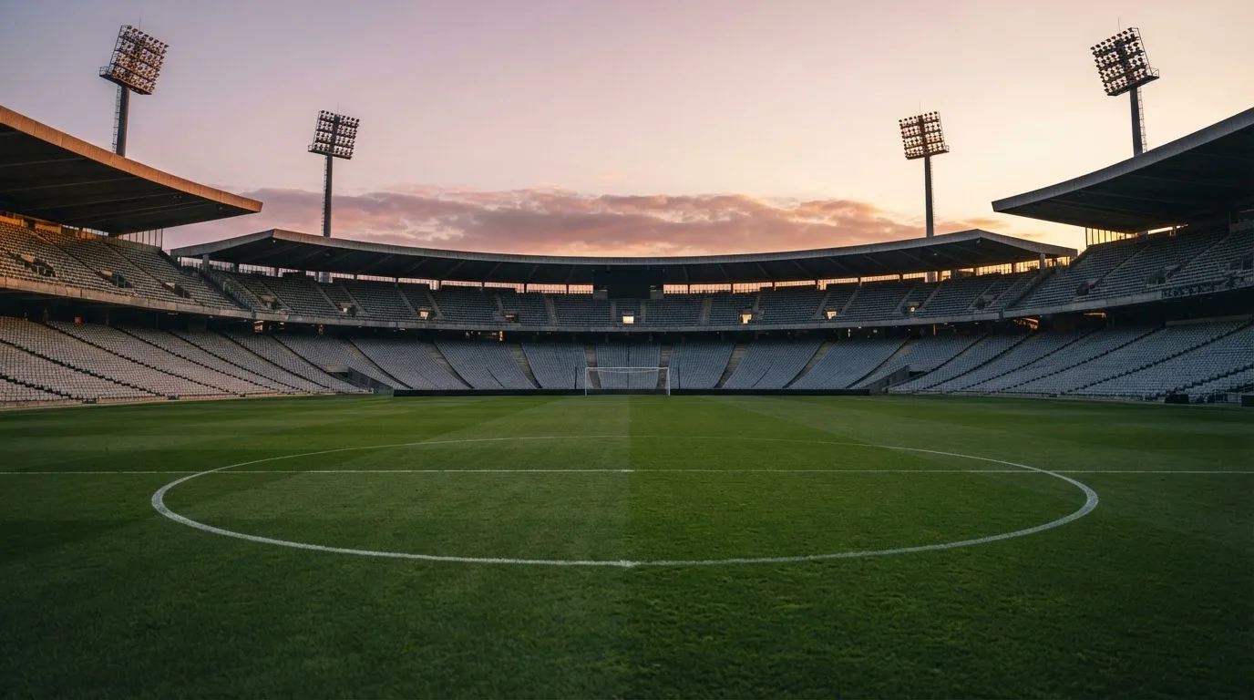 Un estadio de fútbol vacío con torres de iluminación al atardecer