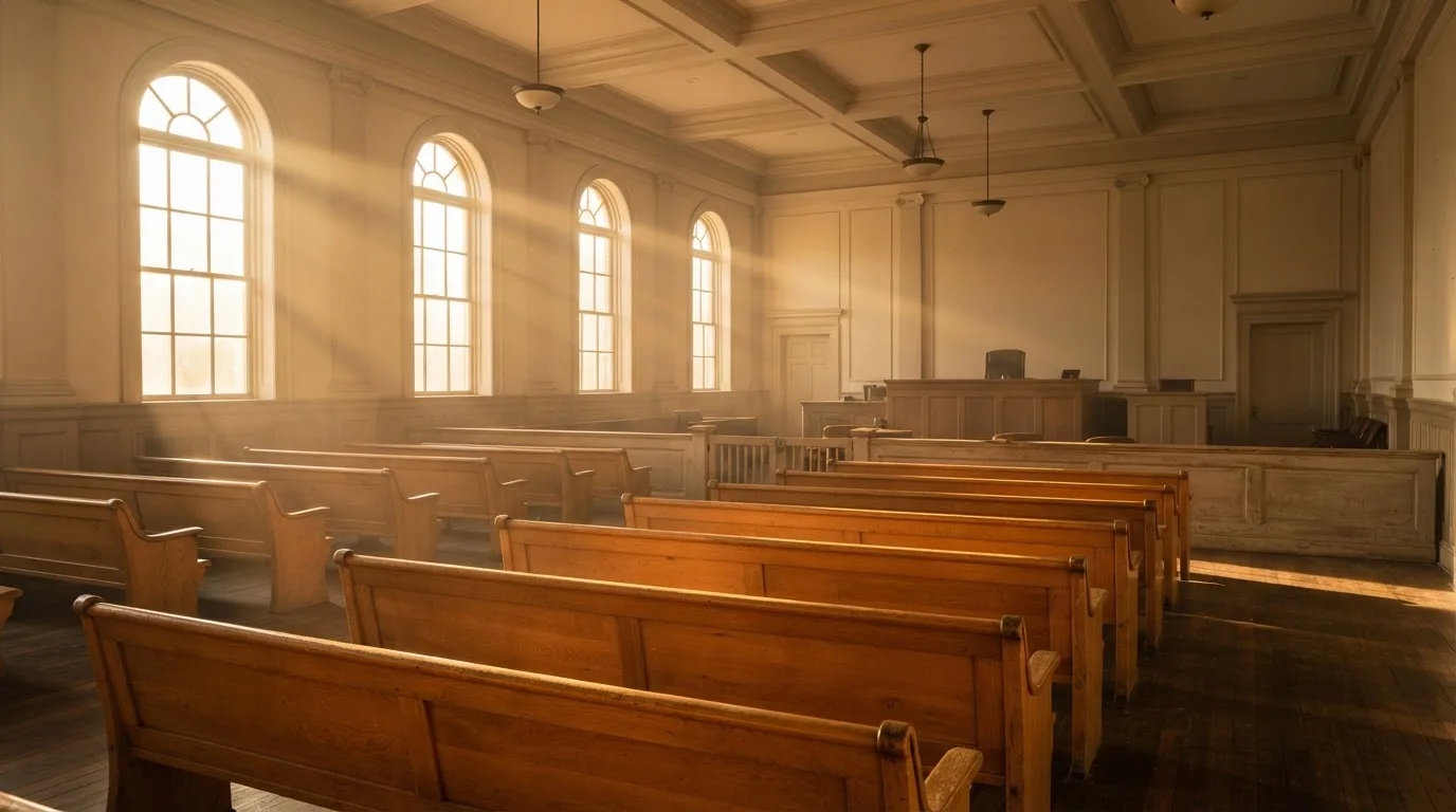 Una sala de tribunal vacía con bancos de madera a la luz de la mañana