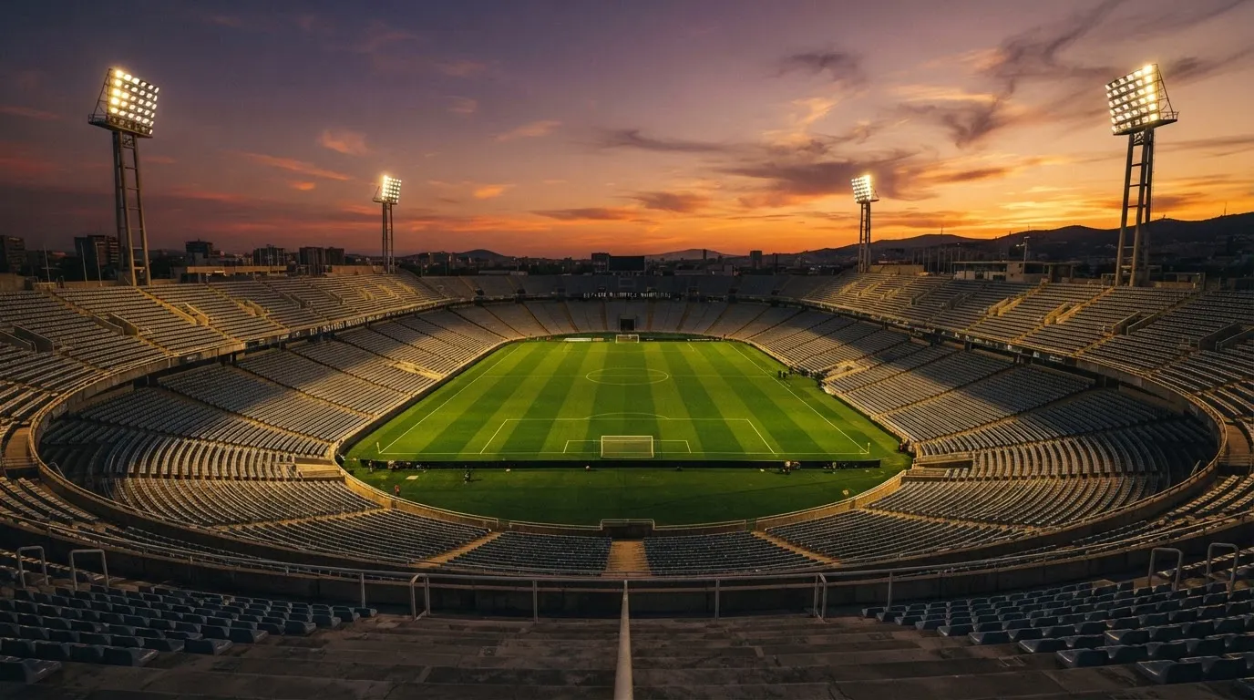 Un estadio de fútbol vacío con torres de iluminación al atardecer