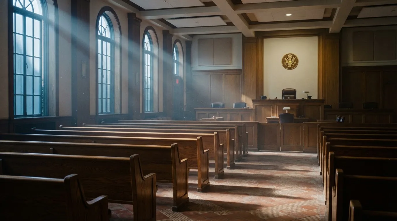 Una sala de tribunal vacía con bancos de madera a la luz de la mañana