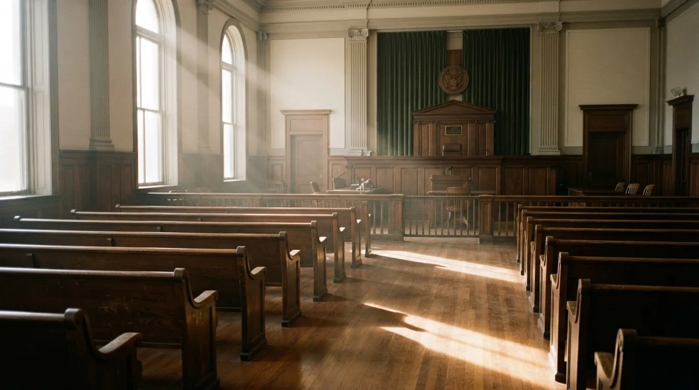 Una sala de tribunal vacía con bancos de madera a la luz de la mañana