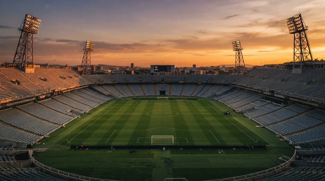 Un estadio de fútbol vacío con torres de iluminación al atardecer