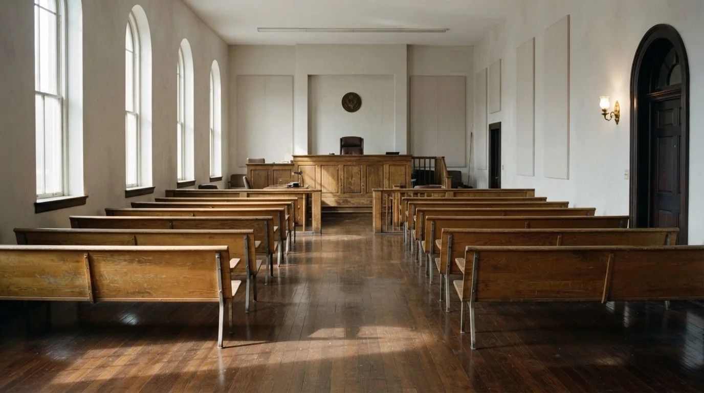 Una sala de tribunal vacía con bancos de madera a la luz de la mañana
