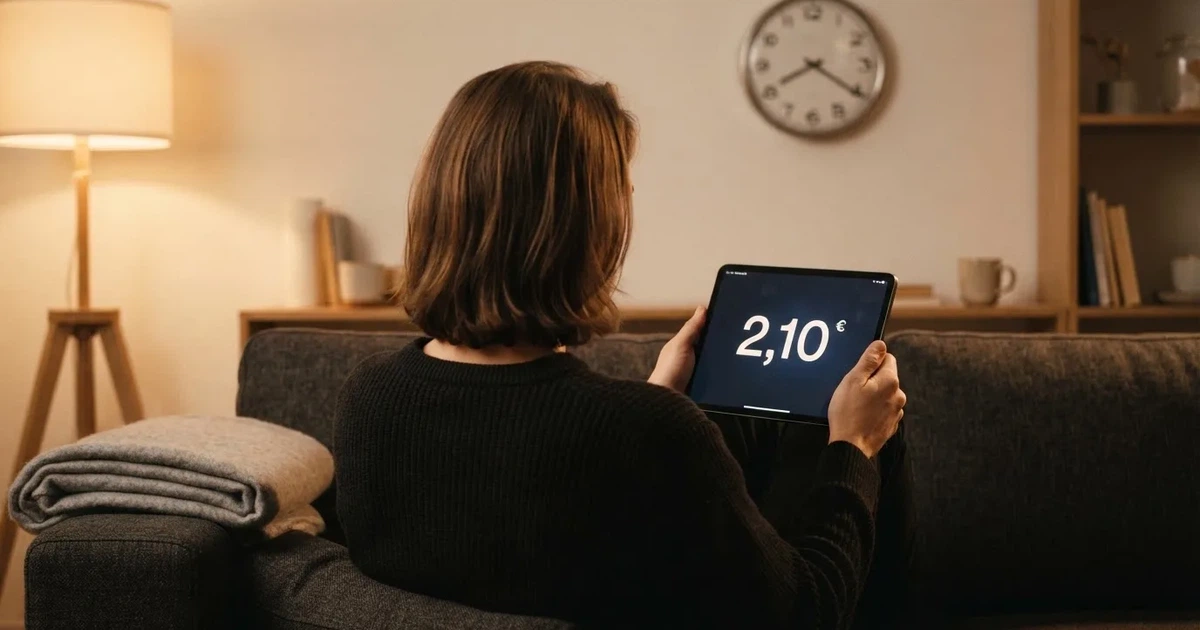 Una persona en el sofá mira pensativa una tableta, con un reloj de pared al fondo