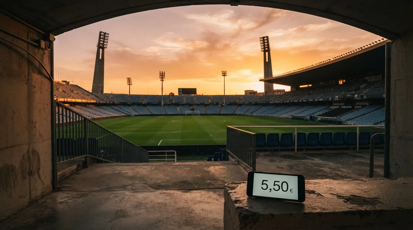 Un estadio de fútbol vacío con torres de iluminación al atardecer