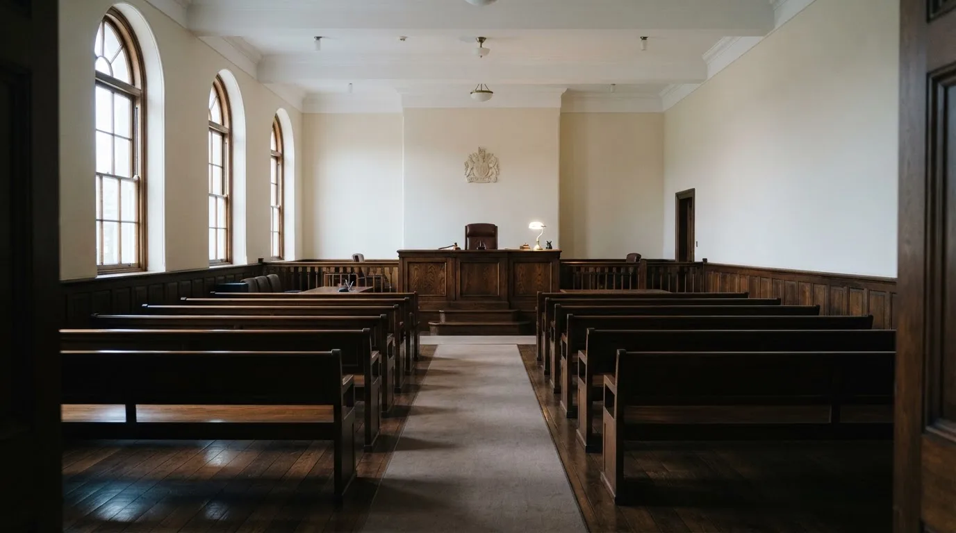 Una sala de tribunal vacía con bancos de madera a la luz de la mañana
