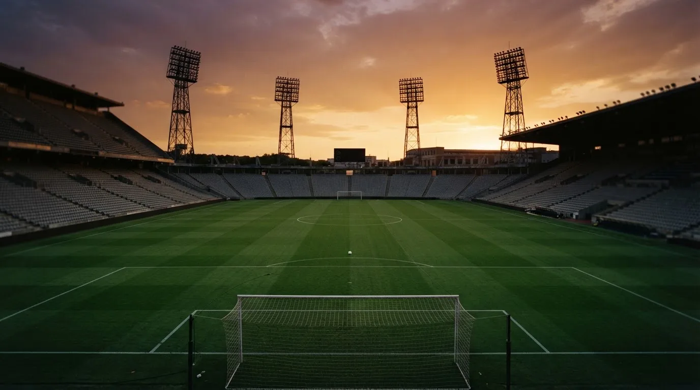 Un estadio de fútbol vacío con torres de iluminación al atardecer
