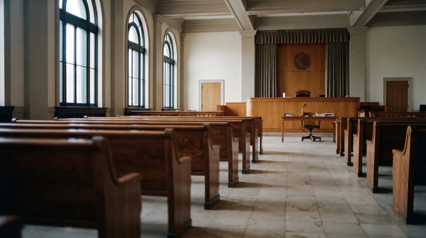 Una sala de tribunal vacía con bancos de madera a la luz de la mañana