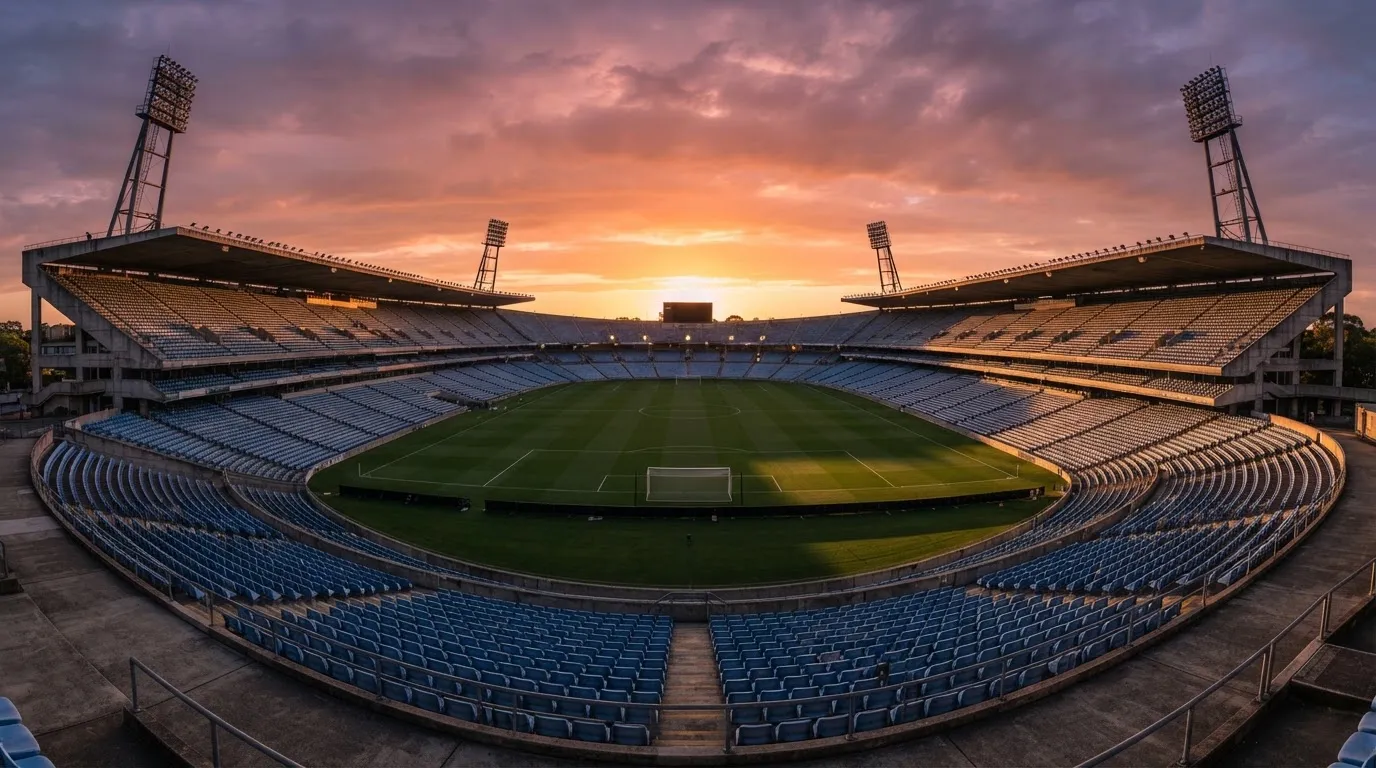 Un estadio de fútbol vacío con torres de iluminación al atardecer