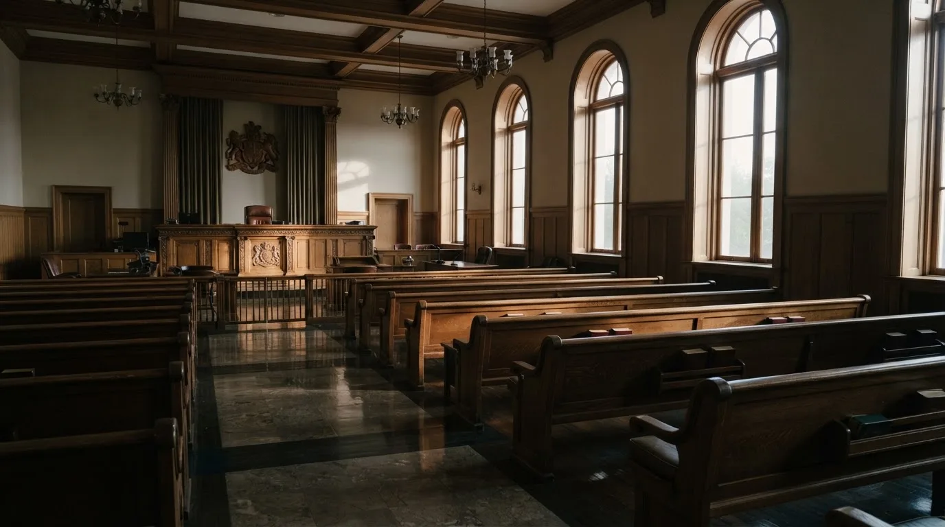 Una sala de tribunal vacía con bancos de madera a la luz de la mañana