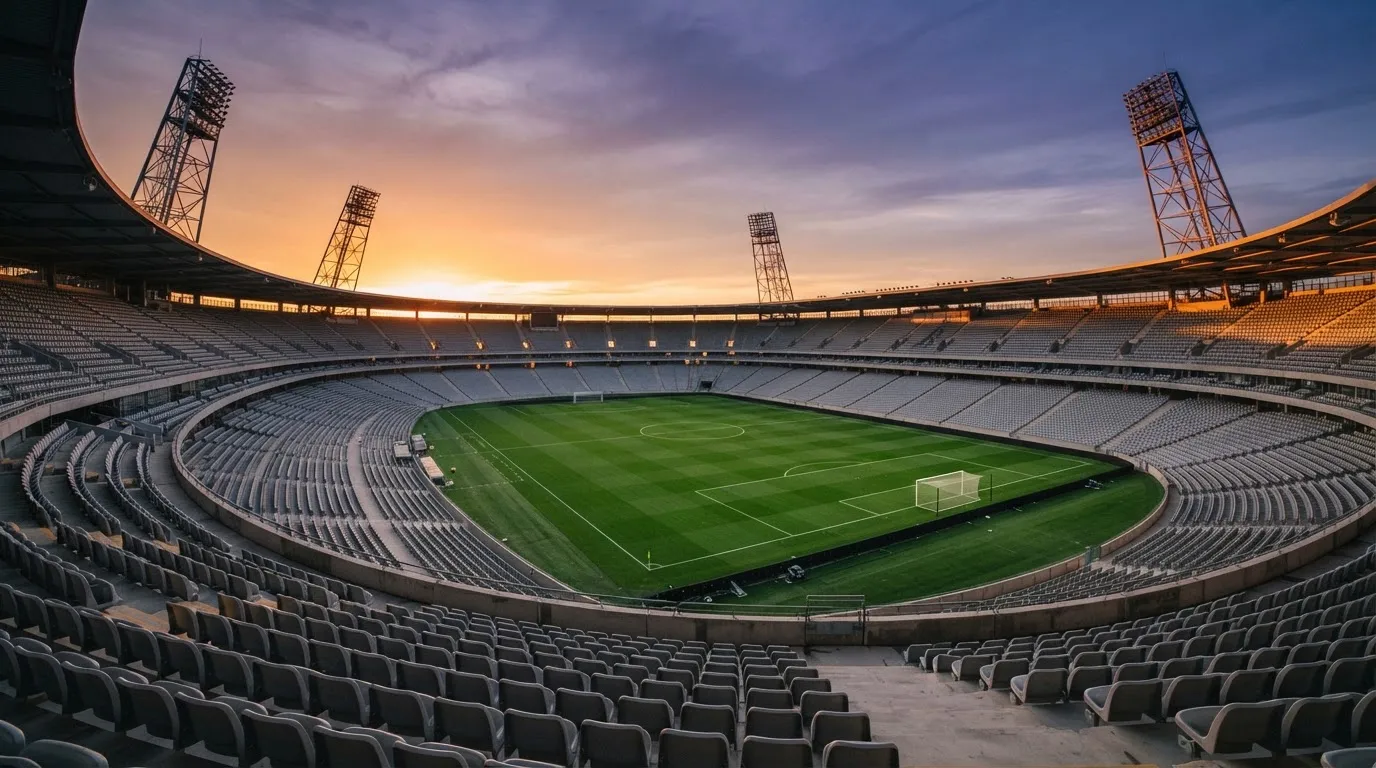 Un estadio de fútbol vacío con torres de iluminación al atardecer