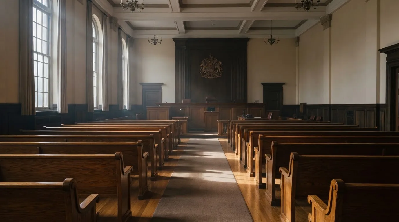 Una sala de tribunal vacía con bancos de madera a la luz de la mañana