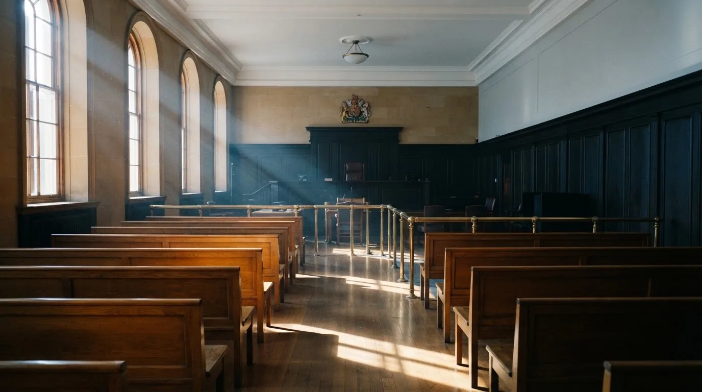 Una sala de tribunal vacía con bancos de madera a la luz de la mañana