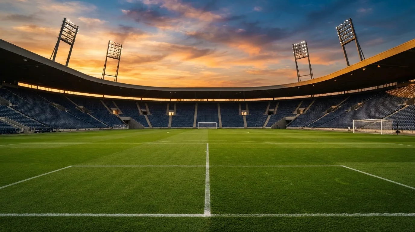 Un estadio de fútbol vacío con torres de iluminación al atardecer