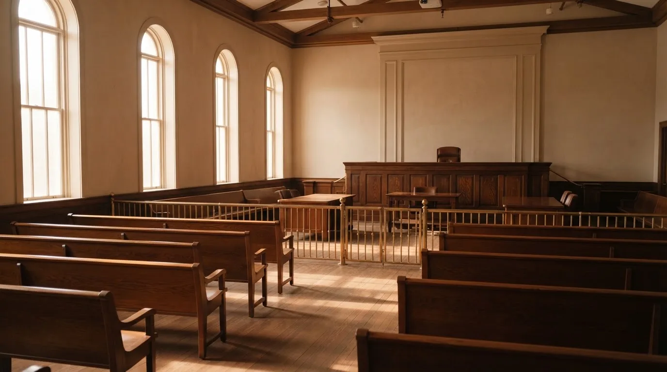Una sala de tribunal vacía con bancos de madera a la luz de la mañana