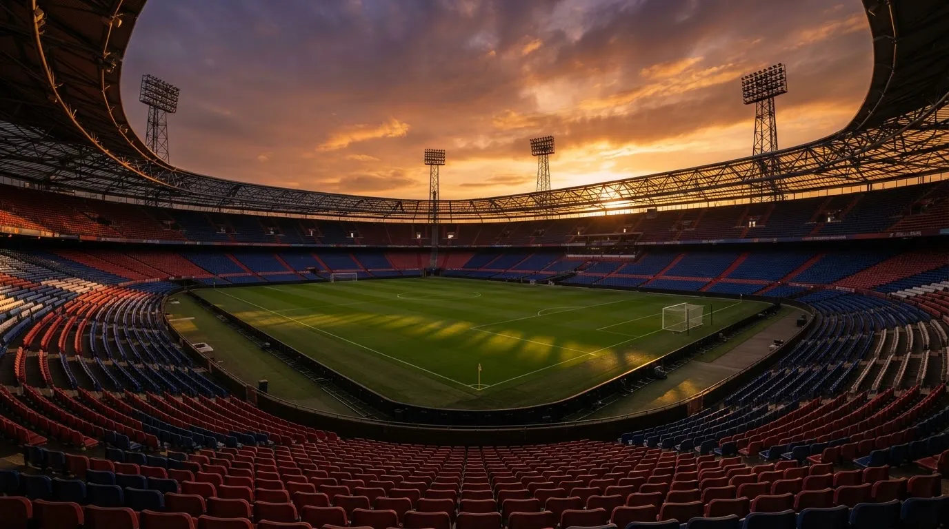 Un estadio de fútbol vacío con torres de iluminación al atardecer