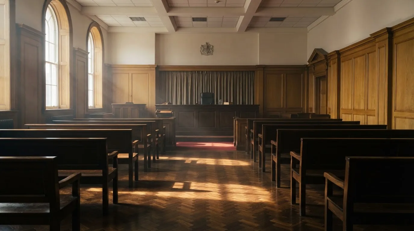 Una sala de tribunal vacía con bancos de madera a la luz de la mañana