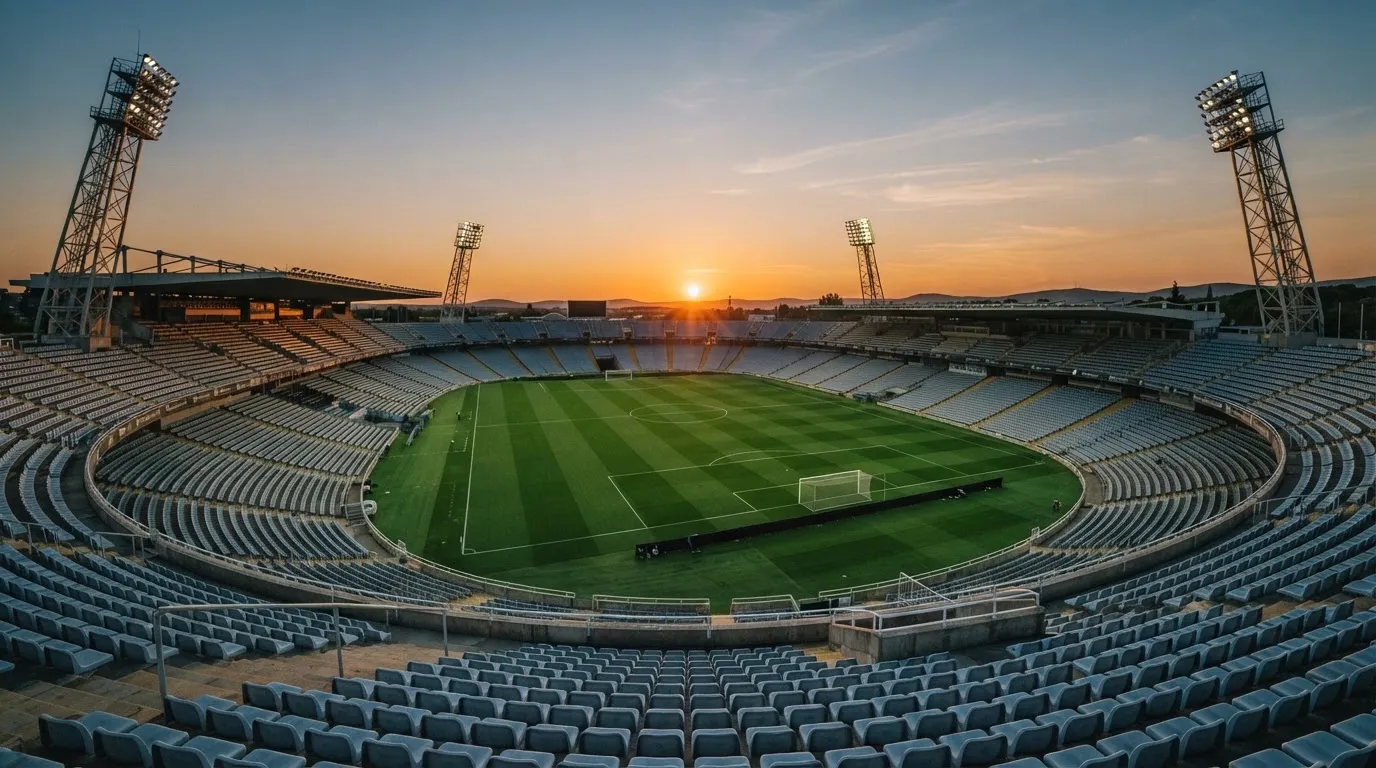 Un estadio de fútbol vacío con torres de iluminación al atardecer