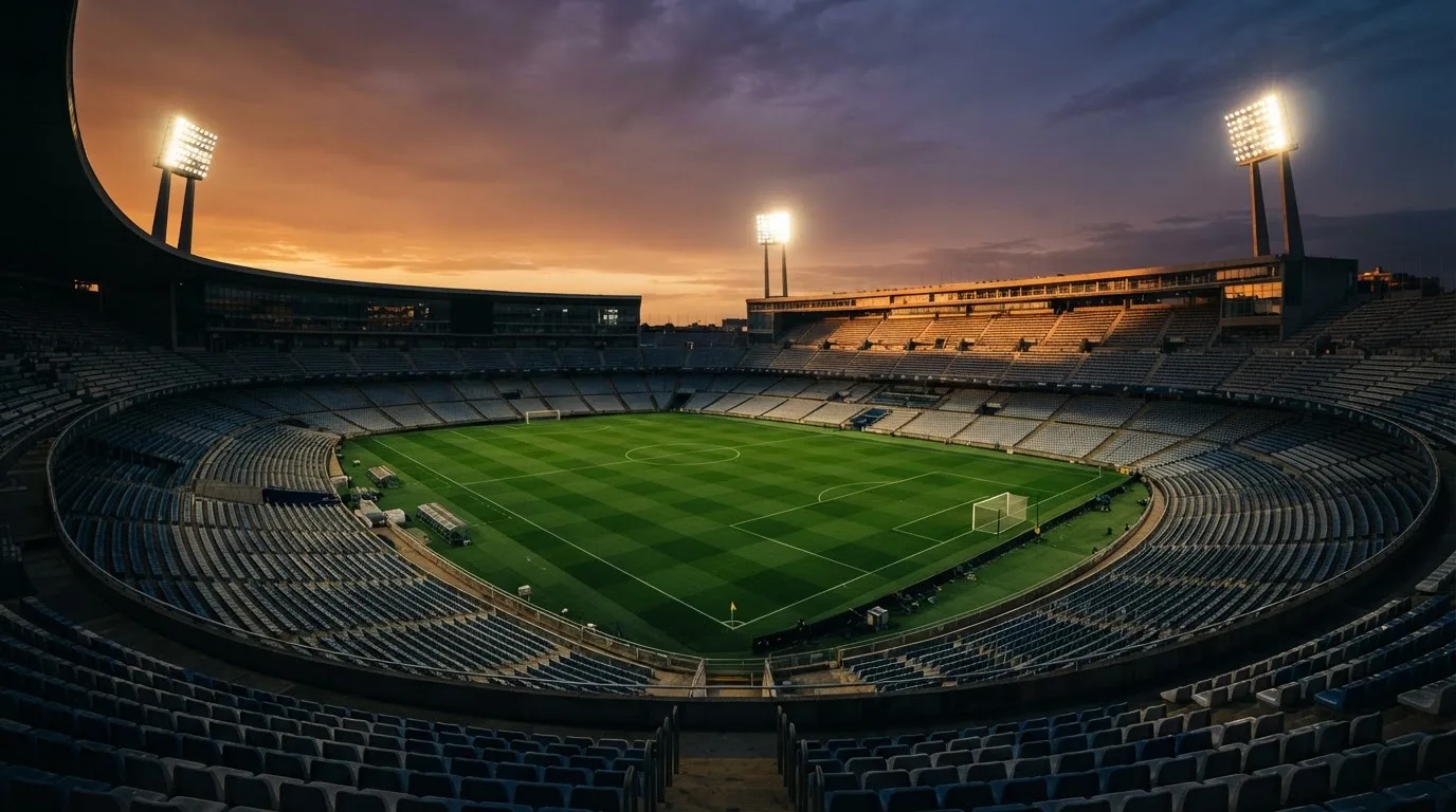 Un estadio de fútbol vacío con torres de iluminación al atardecer