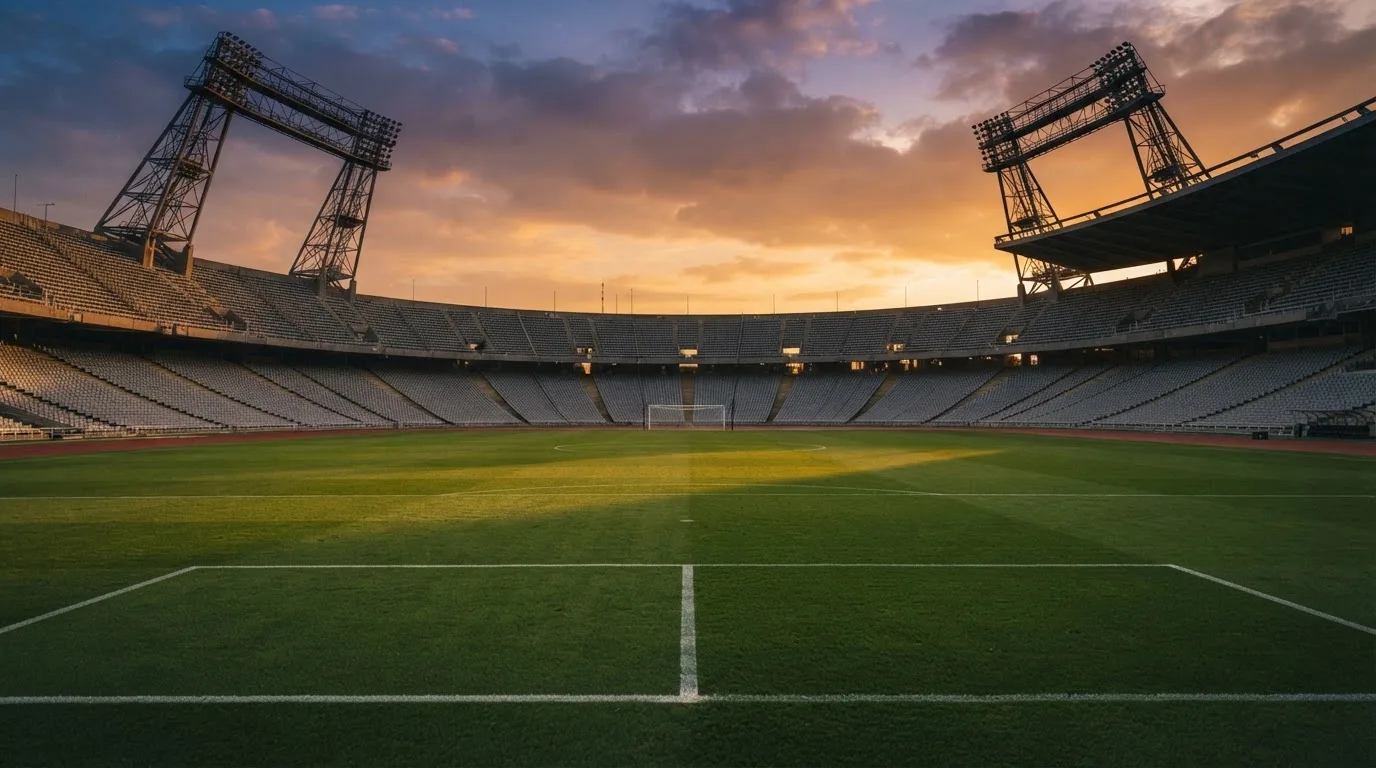 Un estadio de fútbol vacío con torres de iluminación al atardecer