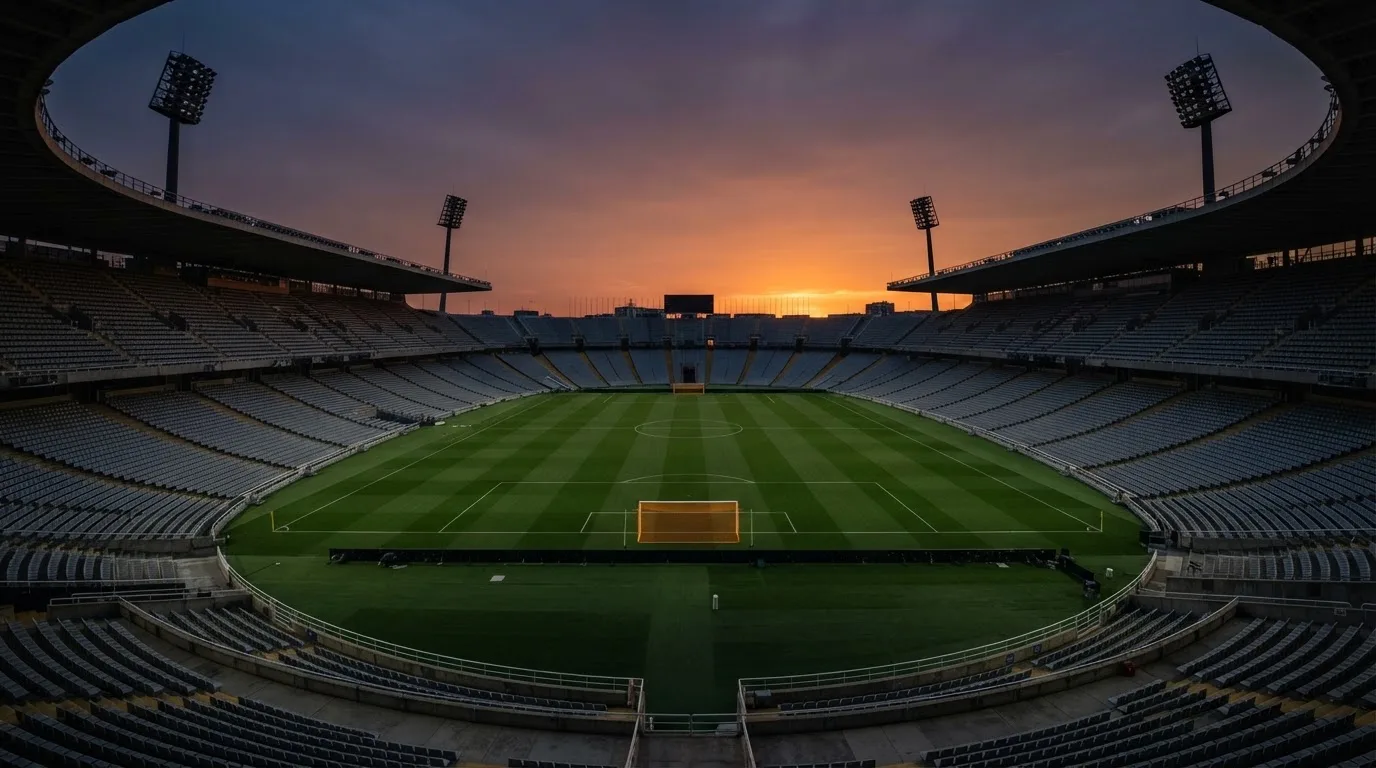 Un estadio de fútbol vacío con torres de iluminación al atardecer