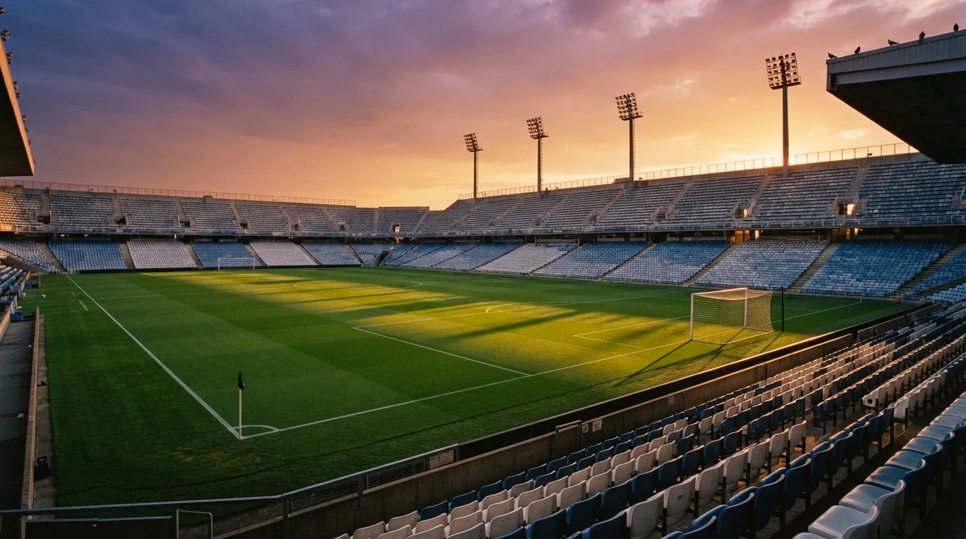 Un estadio de fútbol vacío con torres de iluminación al atardecer