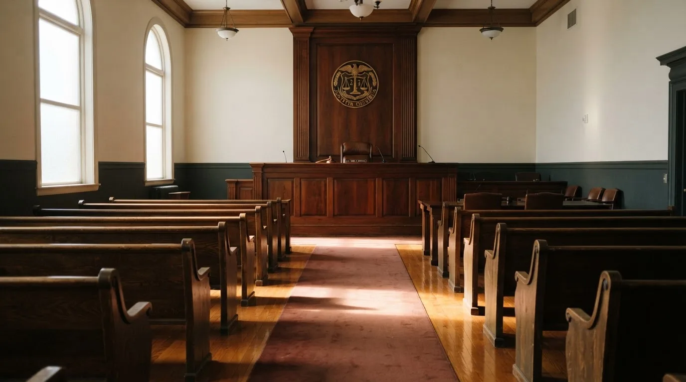 Una sala de tribunal vacía con bancos de madera a la luz de la mañana