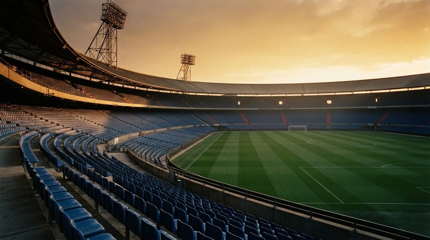 Un estadio de fútbol vacío con torres de iluminación al atardecer