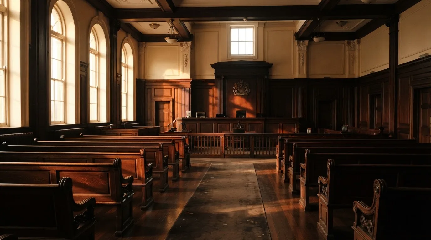 Una sala de tribunal vacía con bancos de madera a la luz de la mañana