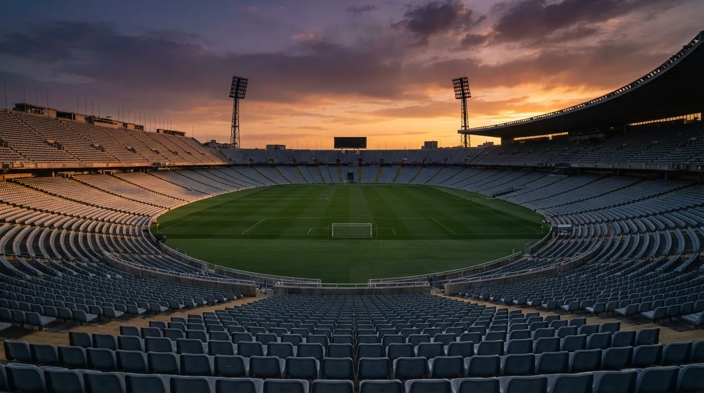 Un estadio de fútbol vacío con torres de iluminación al atardecer