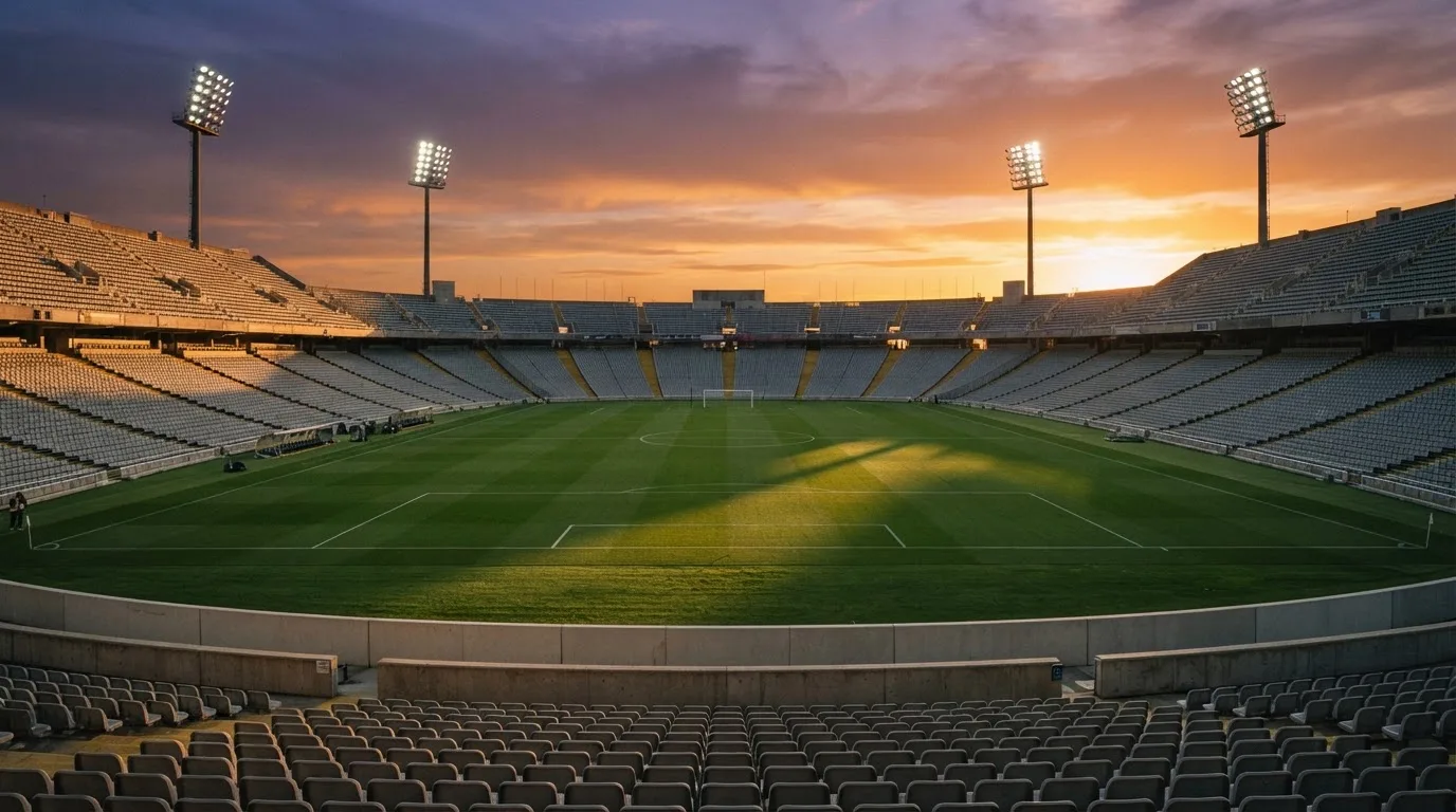 Un estadio de fútbol vacío con torres de iluminación al atardecer