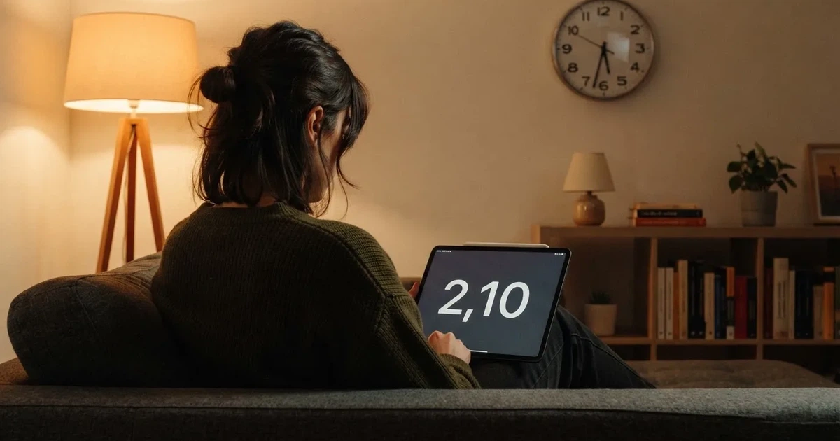 Una persona en el sofá mira pensativa una tableta, con un reloj de pared al fondo