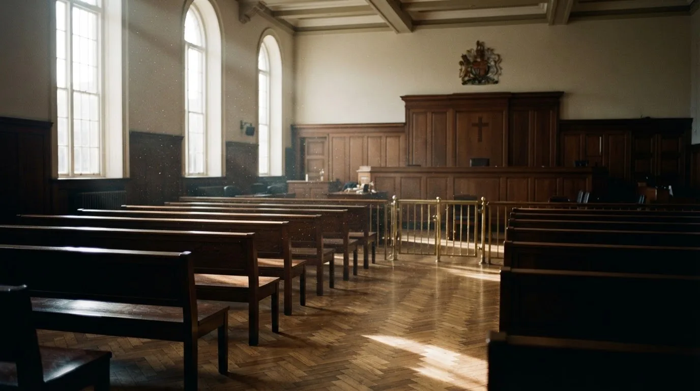 Una sala de tribunal vacía con bancos de madera a la luz de la mañana