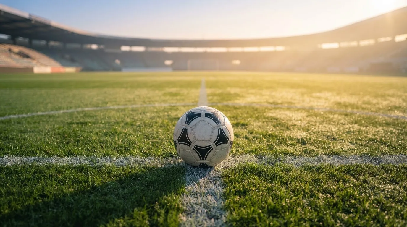 Un balón en el punto central de un campo de césped a la luz de la mañana