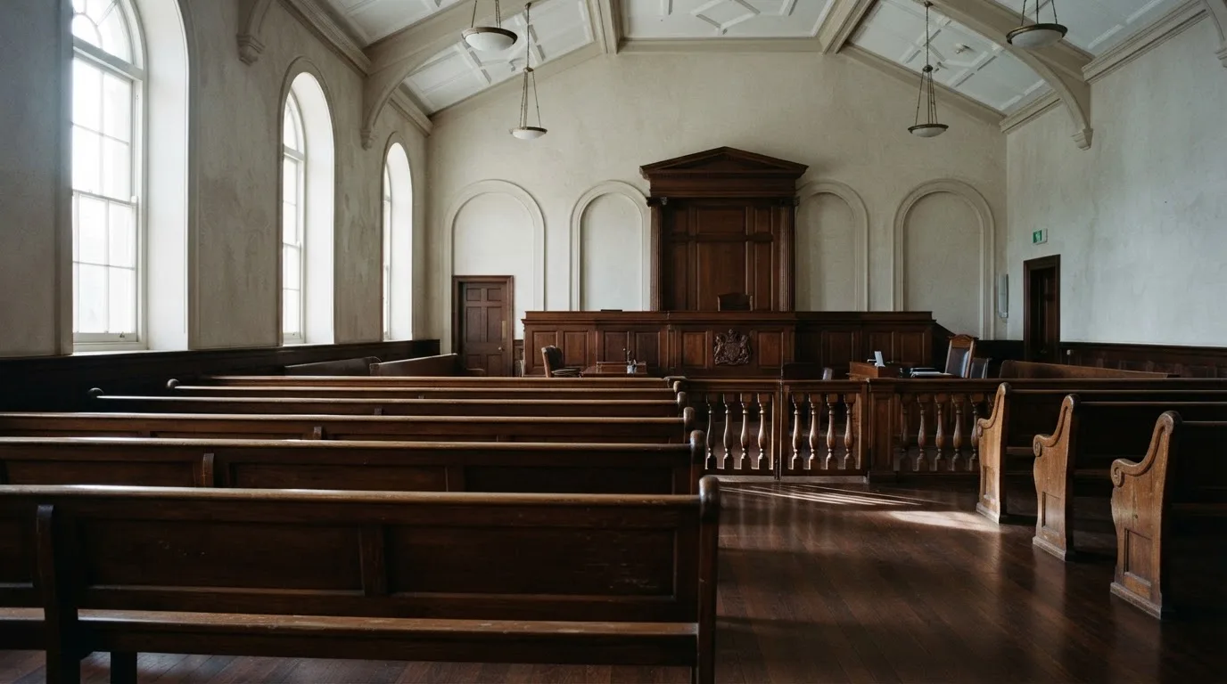 Una sala de tribunal vacía con bancos de madera a la luz de la mañana