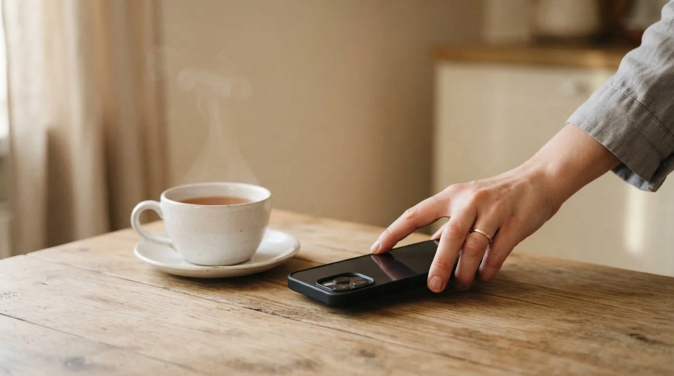 Una mano deja un móvil junto a una taza de té sobre la mesa de la cocina, una tarde tranquila