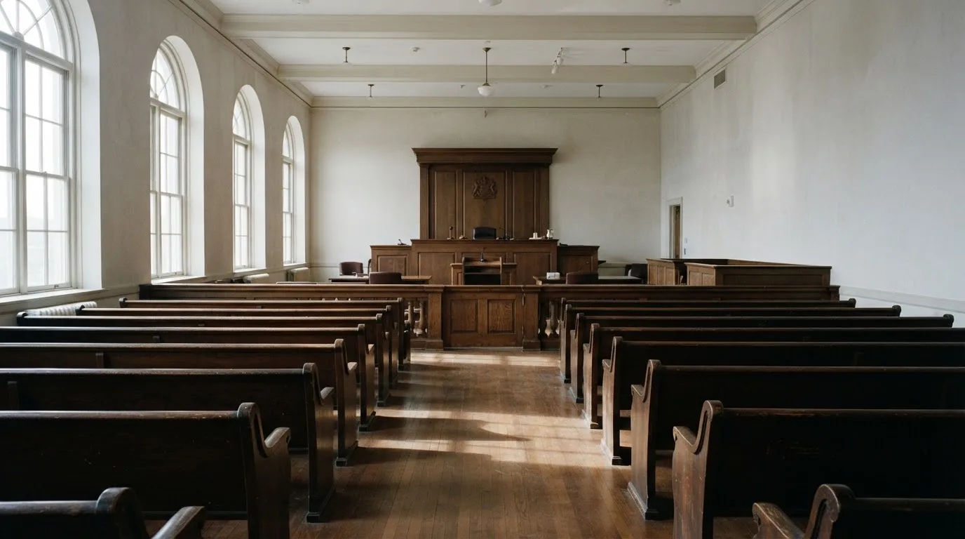 Una sala de tribunal vacía con bancos de madera a la luz de la mañana