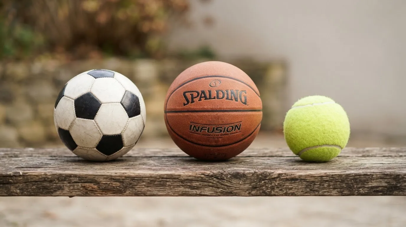 Tres balones de distintos tipos, uno junto a otro, sobre un banco de madera