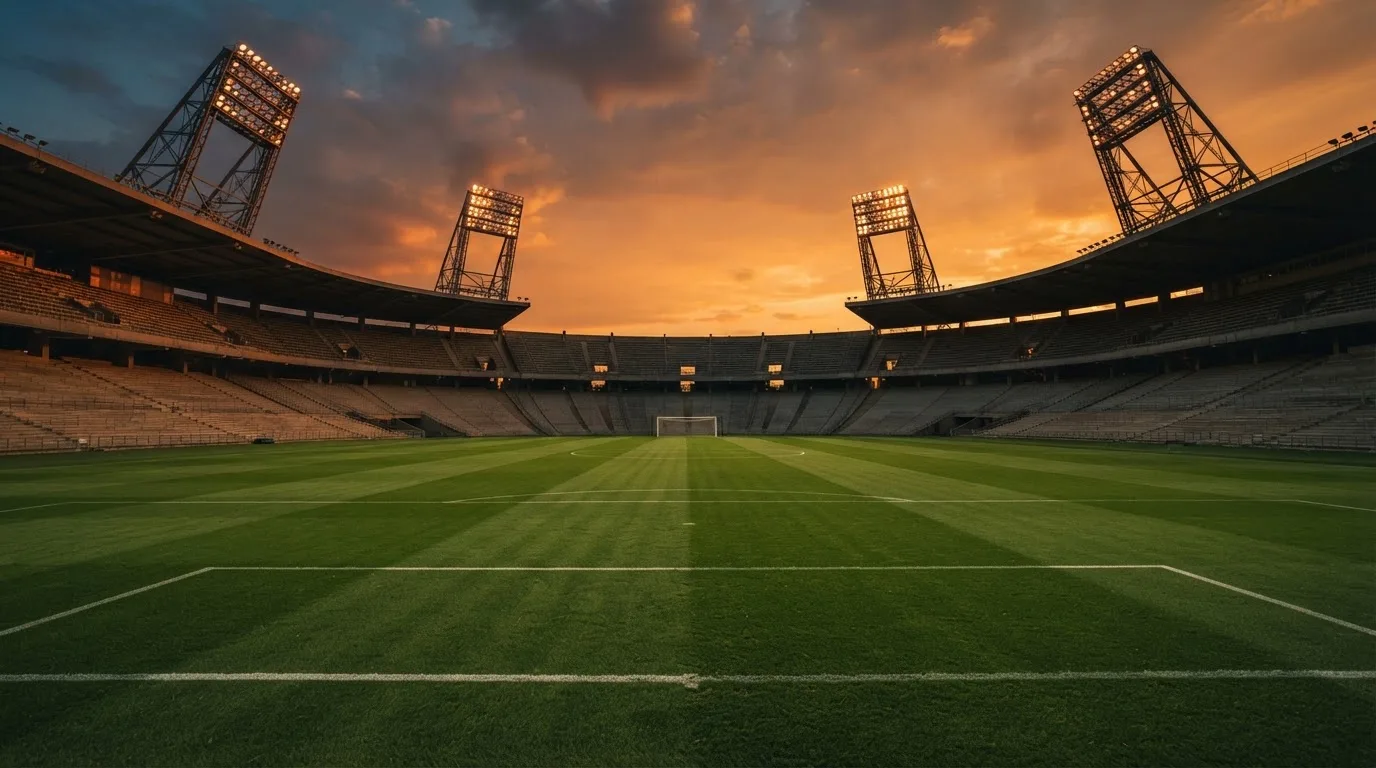 Un estadio de fútbol vacío con torres de iluminación al atardecer