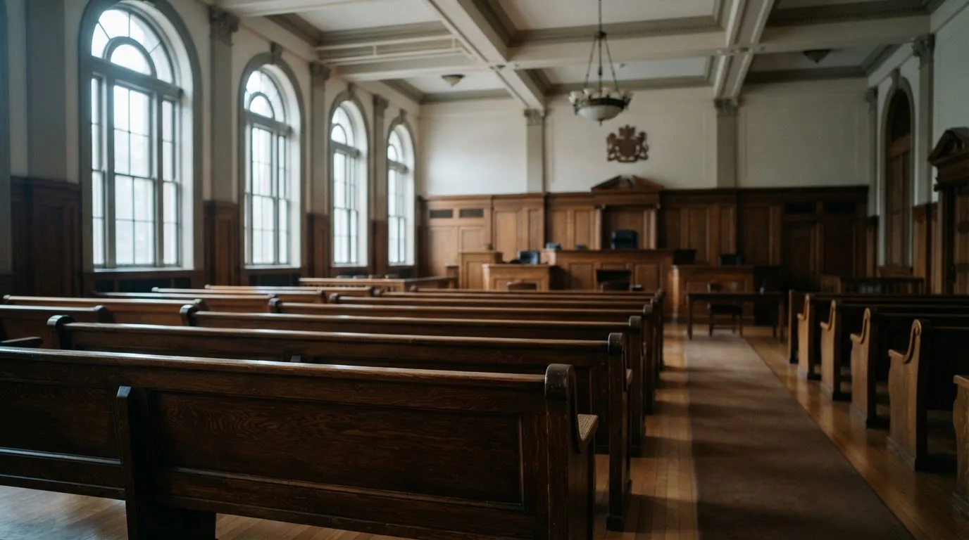 Una sala de tribunal vacía con bancos de madera a la luz de la mañana
