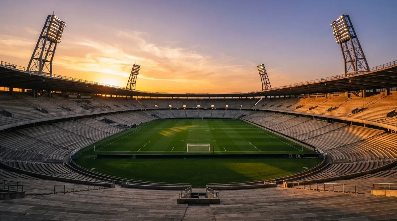 Un estadio de fútbol vacío con torres de iluminación al atardecer