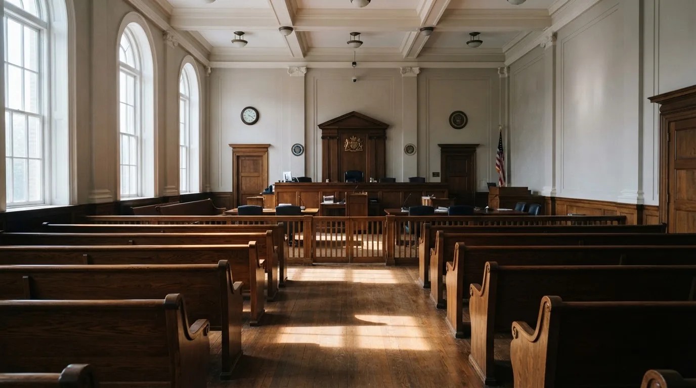 Una sala de tribunal vacía con bancos de madera a la luz de la mañana