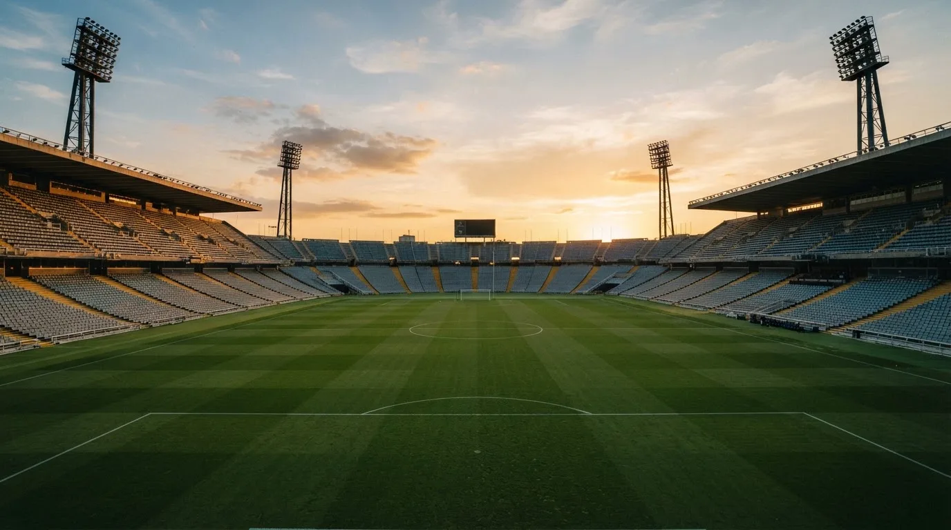 Un estadio de fútbol vacío con torres de iluminación al atardecer