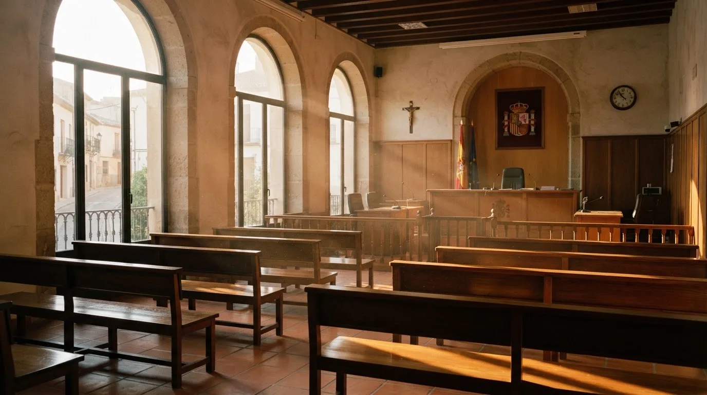 Una sala de tribunal vacía con bancos de madera a la luz de la mañana