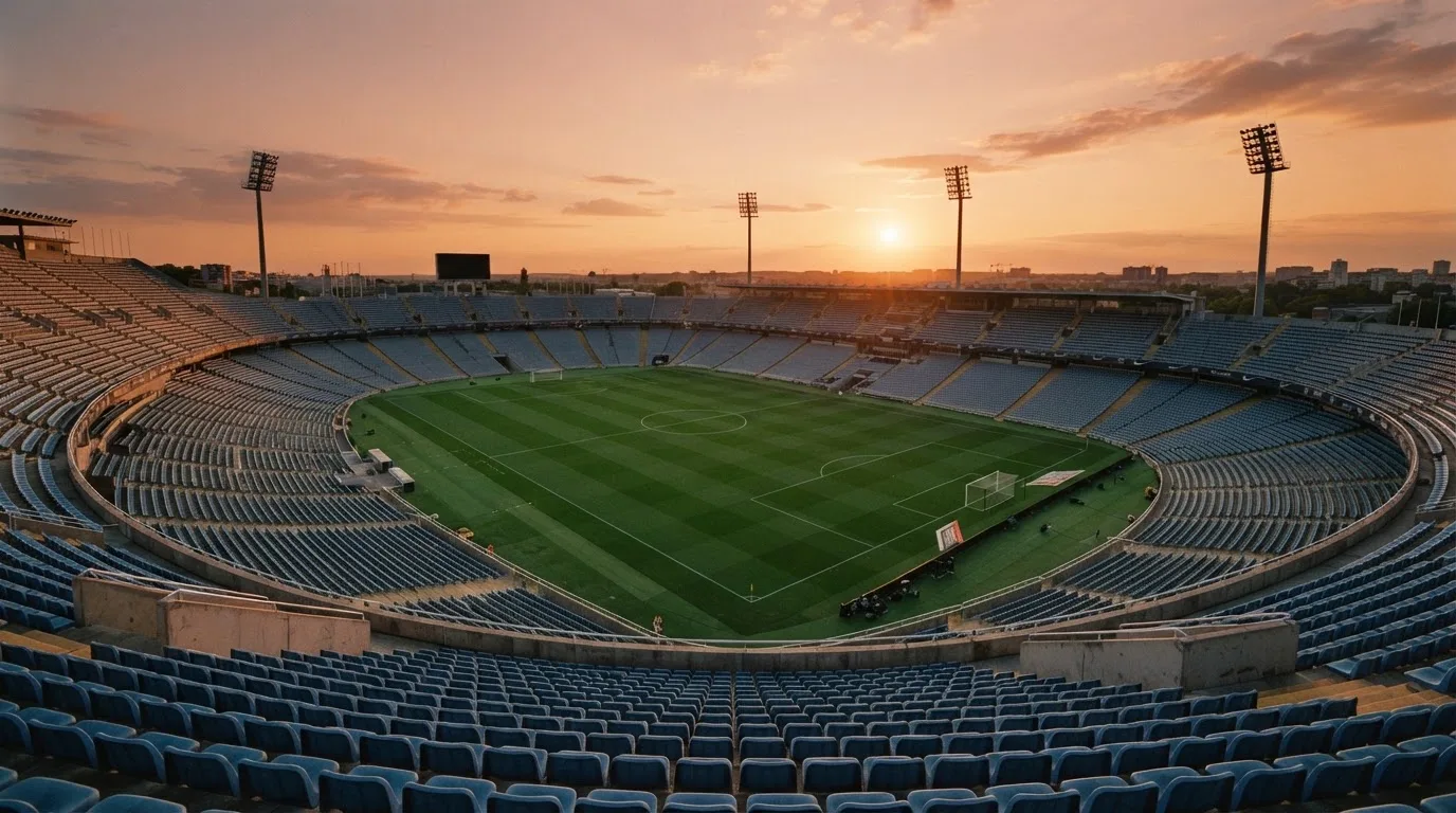 Un estadio de fútbol vacío con torres de iluminación al atardecer