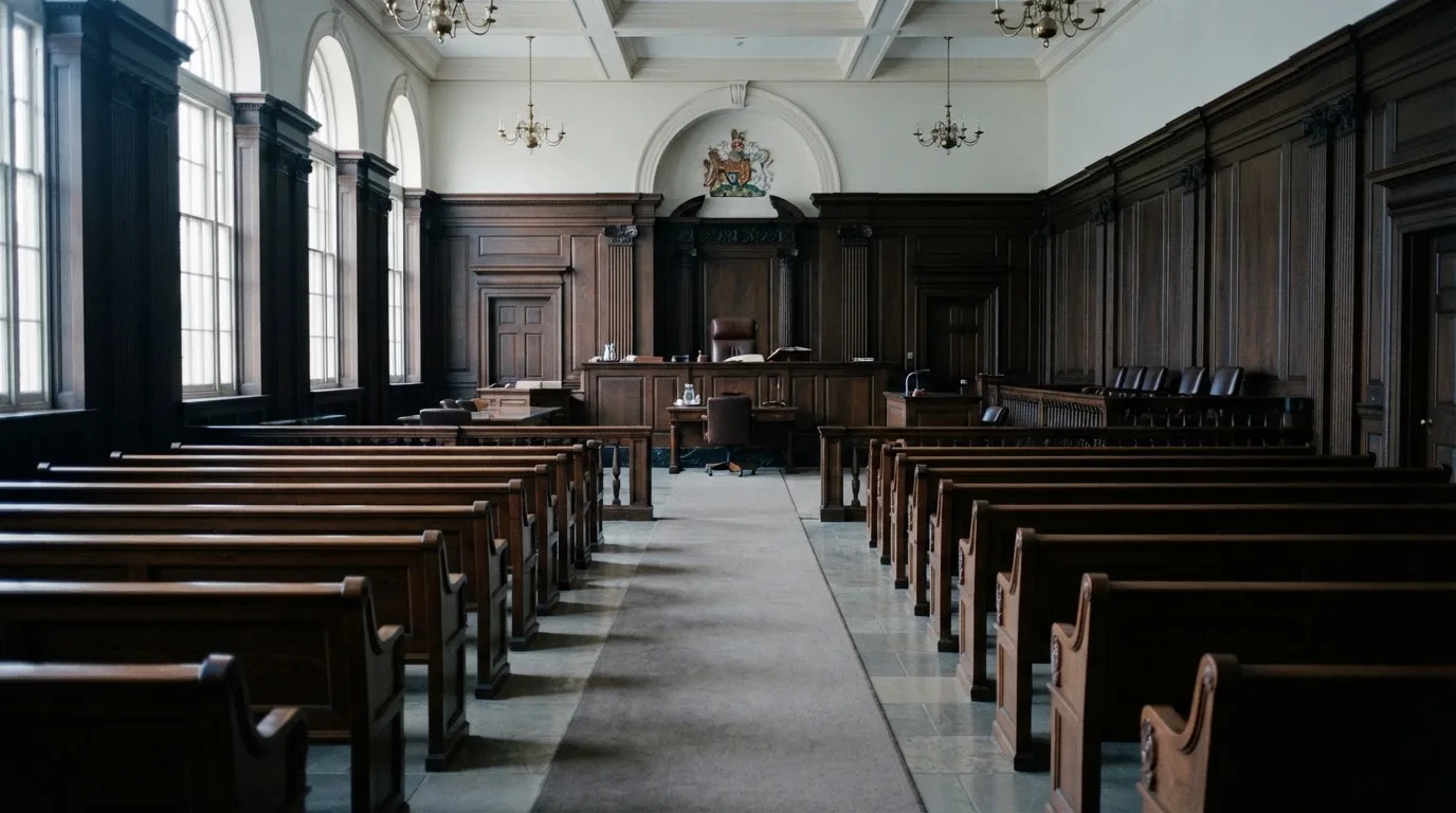 Una sala de tribunal vacía con bancos de madera a la luz de la mañana